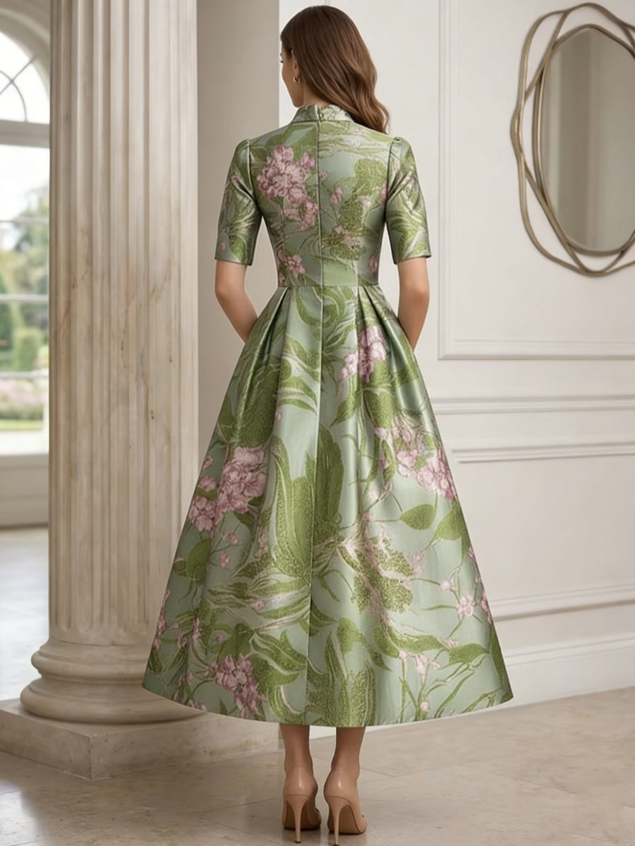 Robe ligne A/princesse, décolleté en V, satin imprimé, pour mère de la mariée, longueur de thé, avec nœud, motif floral, manches mi-longues