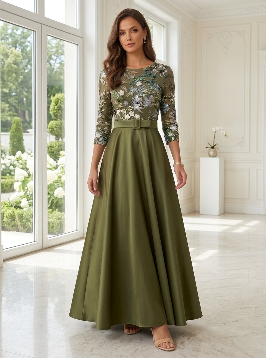 Robe ligne A/princesse,col rond, satin, pour mère de la mariée, longueur de la cheville, manches 3/4, ceinture,floral