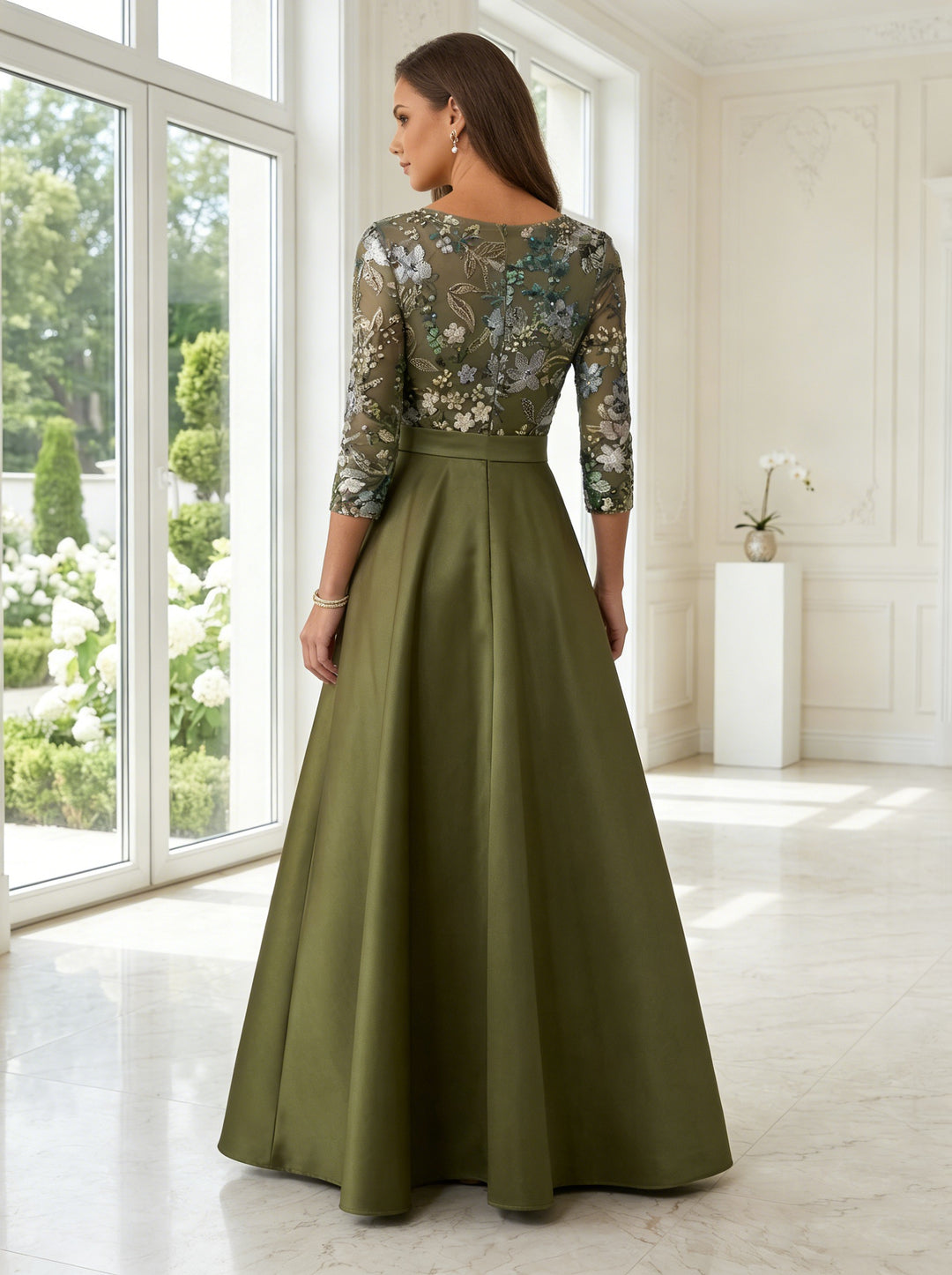 Robe ligne A/princesse,col rond, satin, pour mère de la mariée, longueur de la cheville, manches 3/4, ceinture,floral