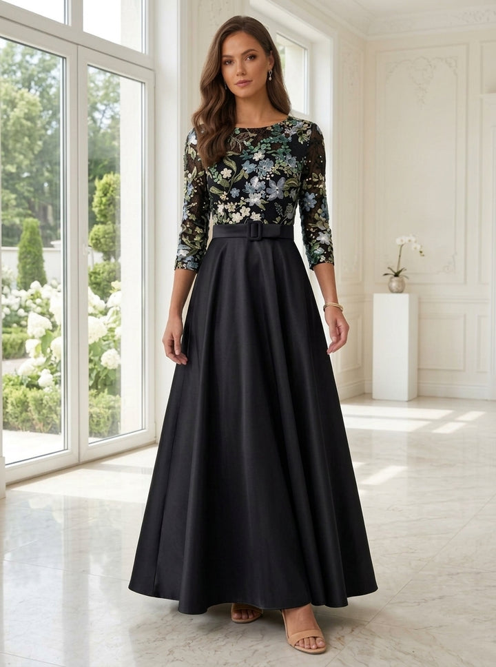 Robe ligne A/princesse,col rond, satin, pour mère de la mariée, longueur de la cheville, manches 3/4, ceinture,floral