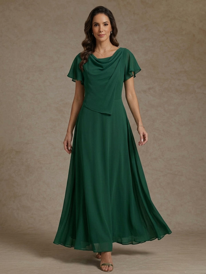 Robe de mère de la mariée, Ligne A/princesse, col drapé, mousseline, longueur de la cheville, manches courtes, froncé