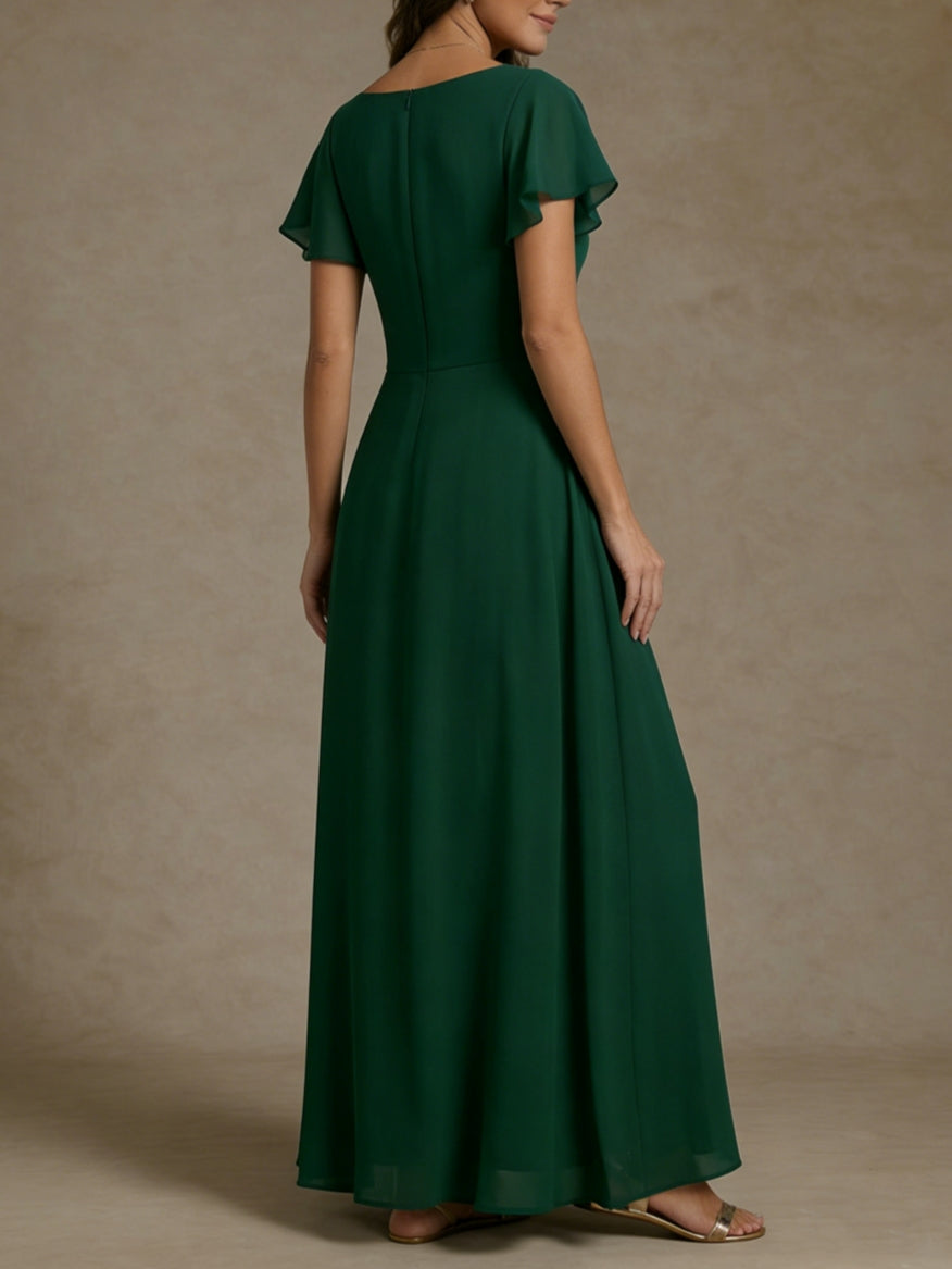 Robe de mère de la mariée, Ligne A/princesse, col drapé, mousseline, longueur de la cheville, manches courtes, froncé