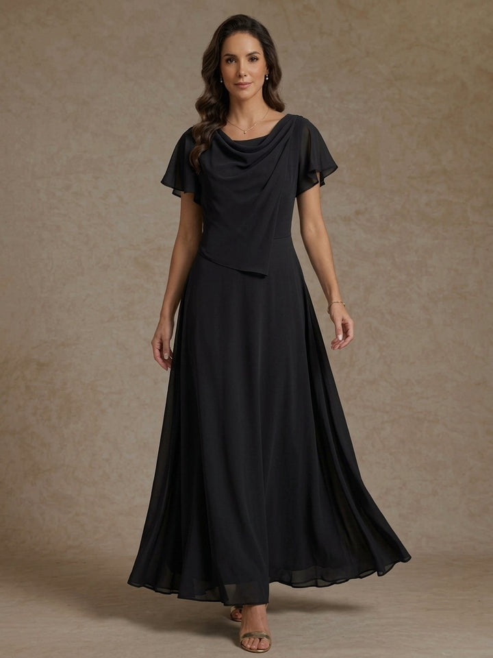 Robe de mère de la mariée, Ligne A/princesse, col drapé, mousseline, longueur de la cheville, manches courtes, froncé