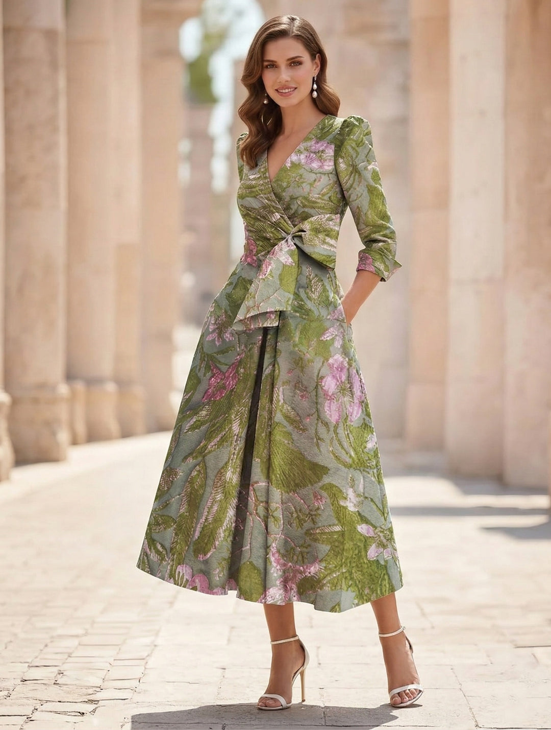Robe ligne A/princesse, décolleté en V, satin imprimé, pour mère de la mariée, longueur de thé, manches 3/4, floral