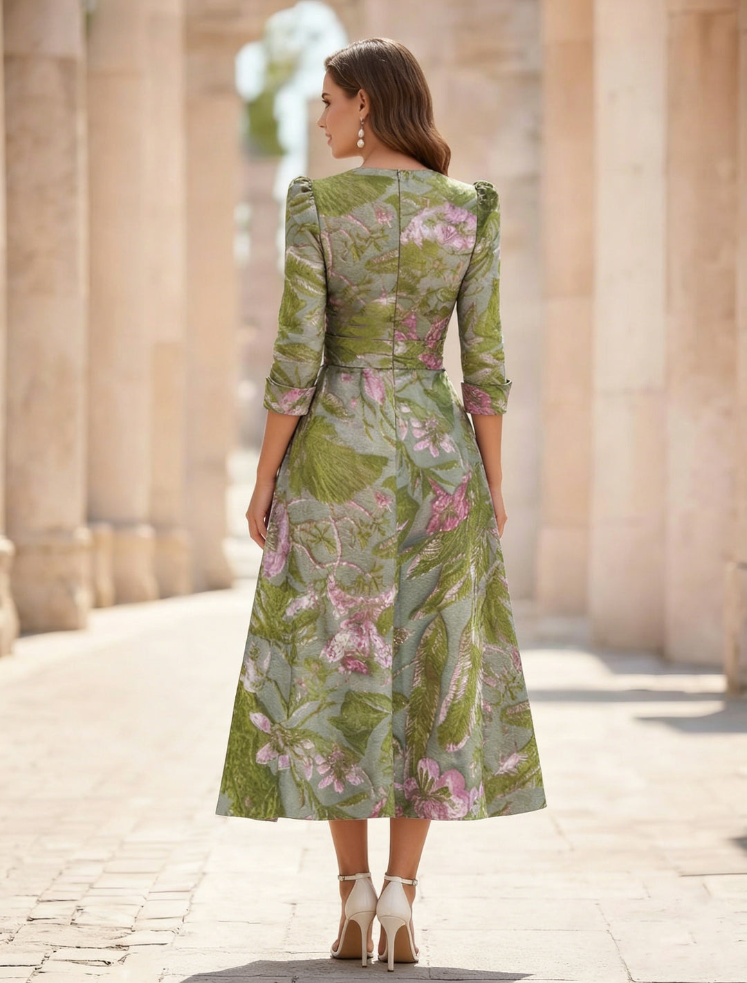 Robe ligne A/princesse, décolleté en V, satin imprimé, pour mère de la mariée, longueur de thé, manches 3/4, floral