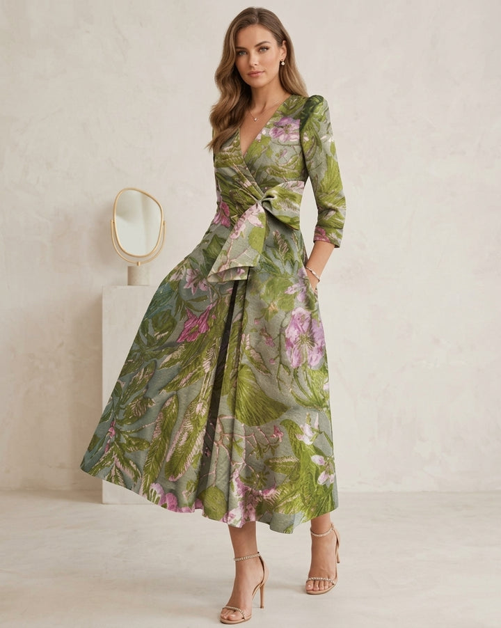 Robe ligne A/princesse, décolleté en V, satin imprimé, pour mère de la mariée, longueur de thé, manches 3/4, floral