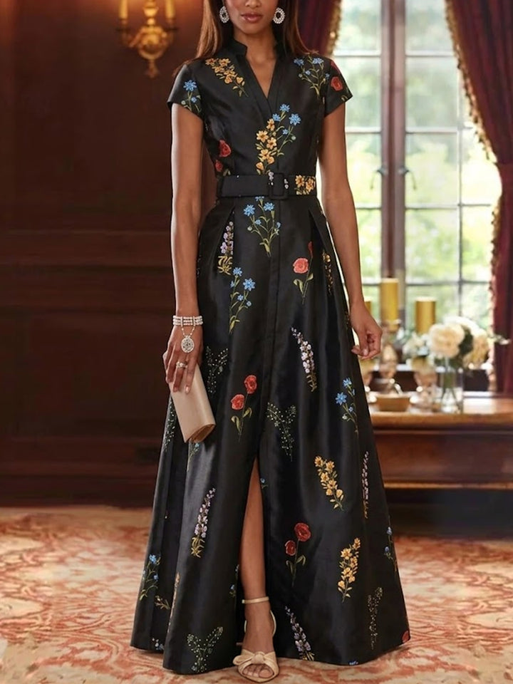 Robe ligne A/princesse, décolleté en V, satin imprimé, pour mère de la mariée,fente latérale, longueur du sol, manches courtes, floral, ceinture