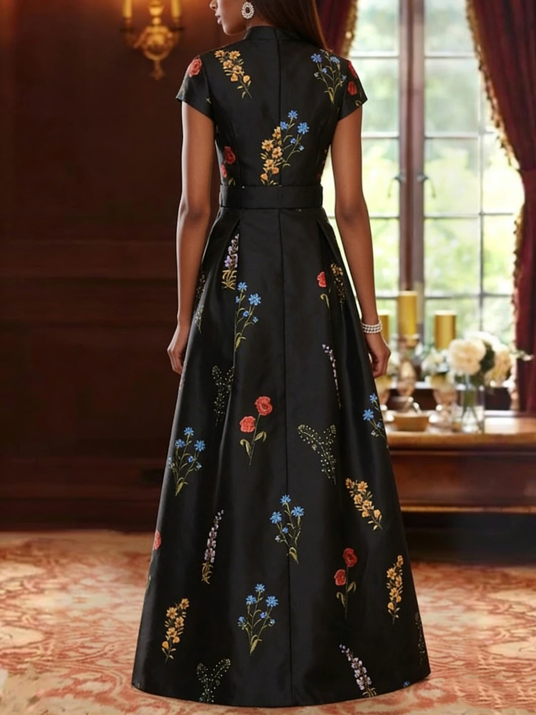 Robe ligne A/princesse, décolleté en V, satin imprimé, pour mère de la mariée,fente latérale, longueur du sol, manches courtes, floral, ceinture