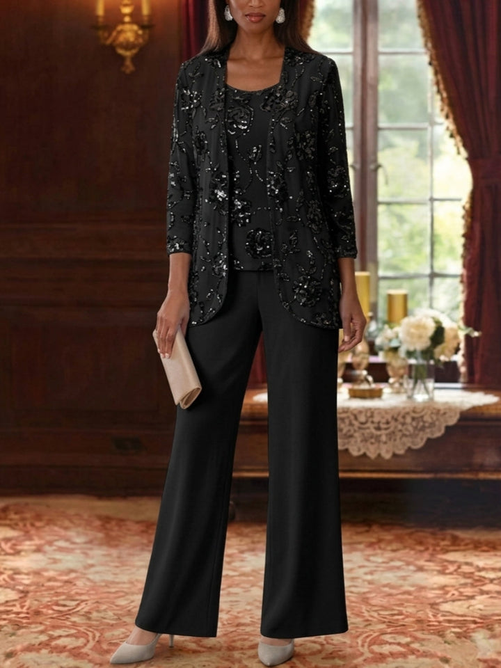 Ensemble 3 pièces pour mère de la mariée,Col Rond, pantalon en mousseline, longueur de la cheville, manches 3/4