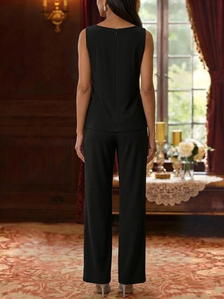 Ensemble 3 pièces pour mère de la mariée,Col Rond, pantalon en mousseline, longueur de la cheville, manches 3/4