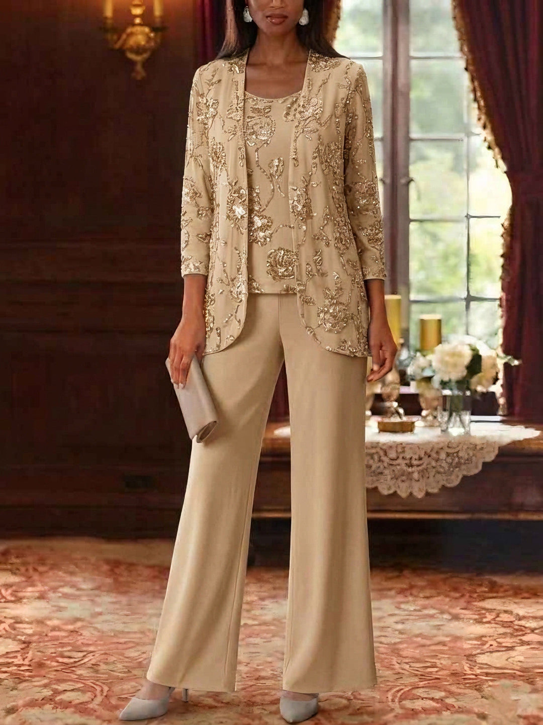 Ensemble 3 pièces pour mère de la mariée,Col Rond, pantalon en mousseline, longueur de la cheville, manches 3/4