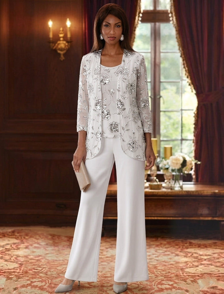 Ensemble 3 pièces pour mère de la mariée,Col Rond, pantalon en mousseline, longueur de la cheville, manches 3/4