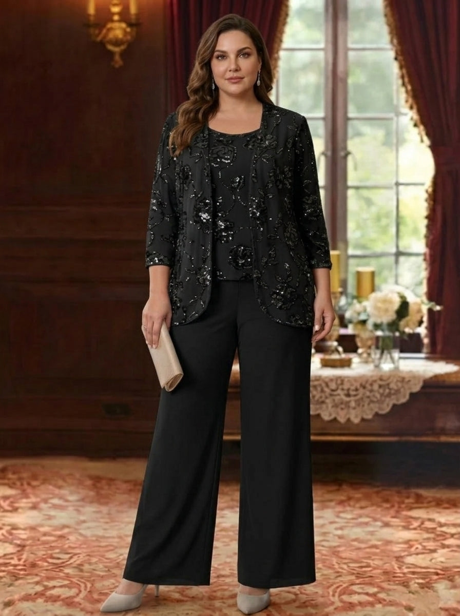 Robe mère de la mariée, Taille Plus, Ensemble Pantalon, Col Rond, Mousseline, Manches 3/4, Longueur de la Cheville