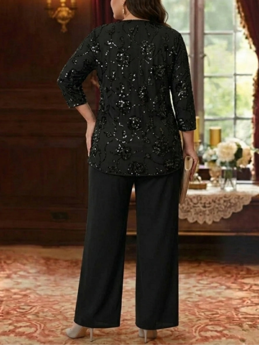 Robe mère de la mariée, Taille Plus, Ensemble Pantalon, Col Rond, Mousseline, Manches 3/4, Longueur de la Cheville
