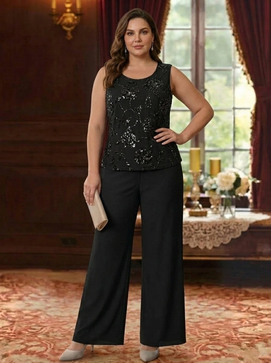 Robe mère de la mariée, Taille Plus, Ensemble Pantalon, Col Rond, Mousseline, Manches 3/4, Longueur de la Cheville