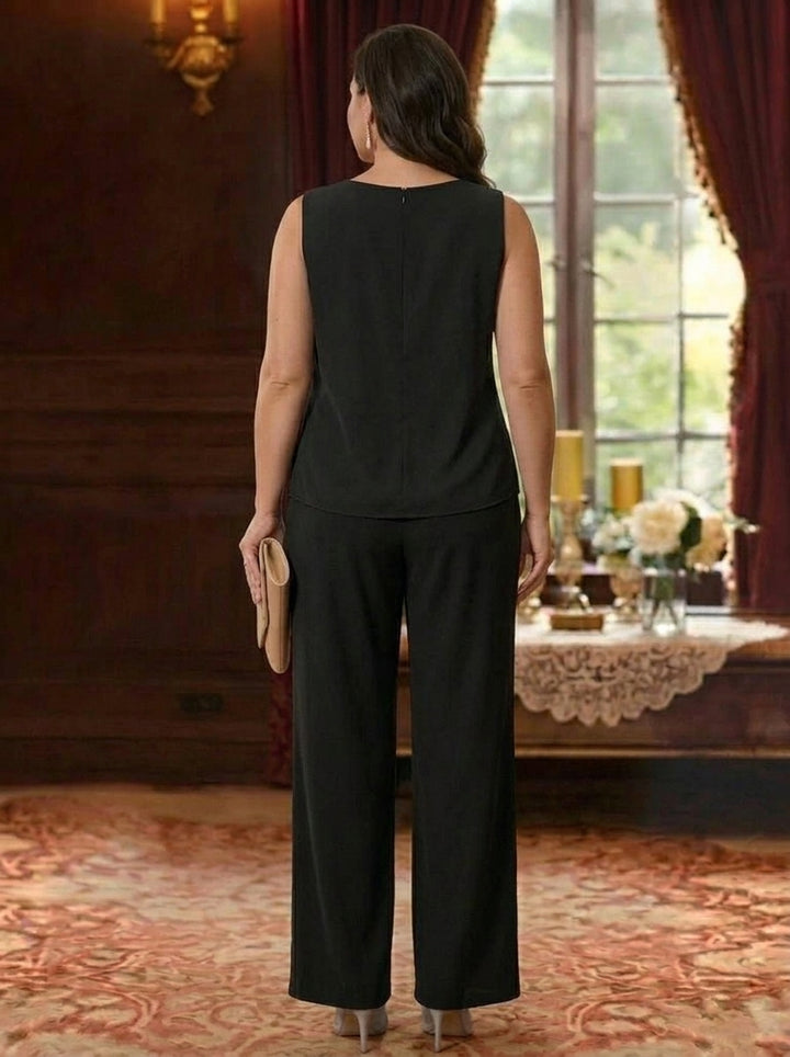 Robe mère de la mariée, Taille Plus, Ensemble Pantalon, Col Rond, Mousseline, Manches 3/4, Longueur de la Cheville