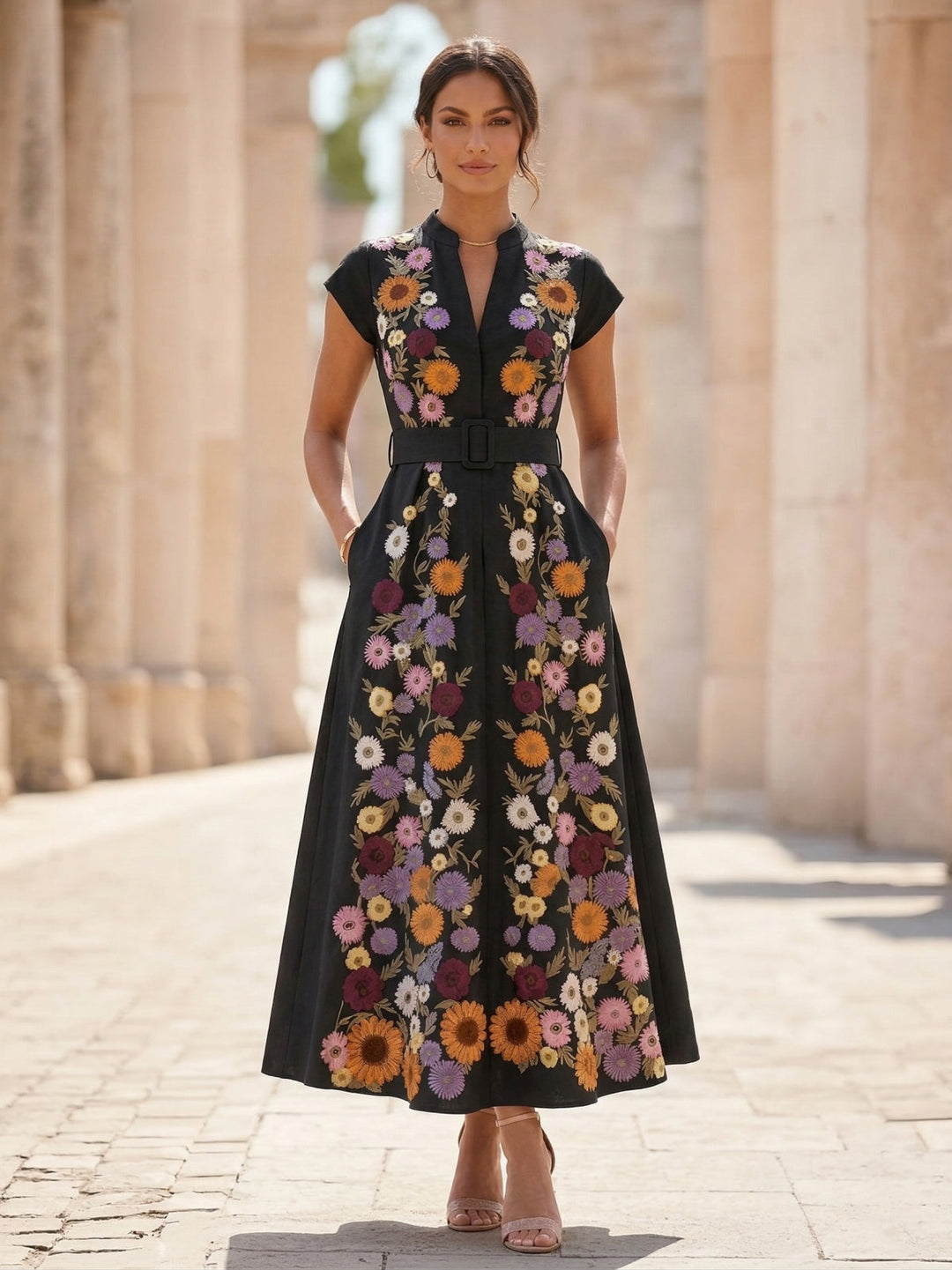 Ligne A/Princesse, Col en V, pour mère de la mariée, longueur du Thé, Manches Courtes, Floral