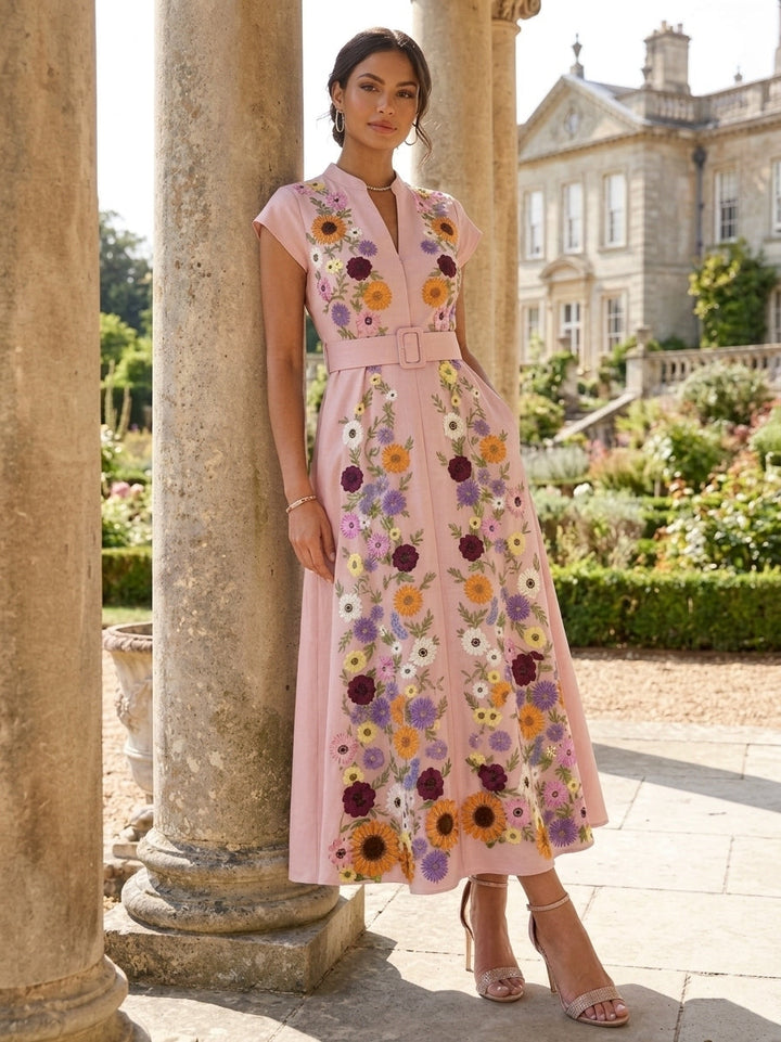 Ligne A/Princesse, Col en V, pour mère de la mariée, longueur du Thé, Manches Courtes, Floral