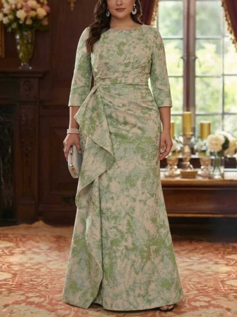 Robe mère de la mariée, Taille Plus, Gaine/Colonne, Col Rond, Jacquard, Manches 3/4, Longueur au Sol