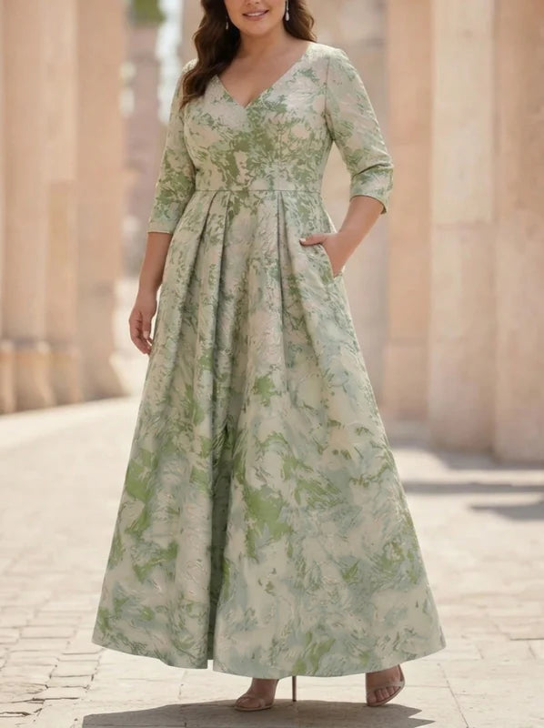 Robe Mère de la Mariée, Grande Taille, Ligne A/Princesse, Col en V, Manches 3/4, Longueur de la Cheville, Jacquard, Florale