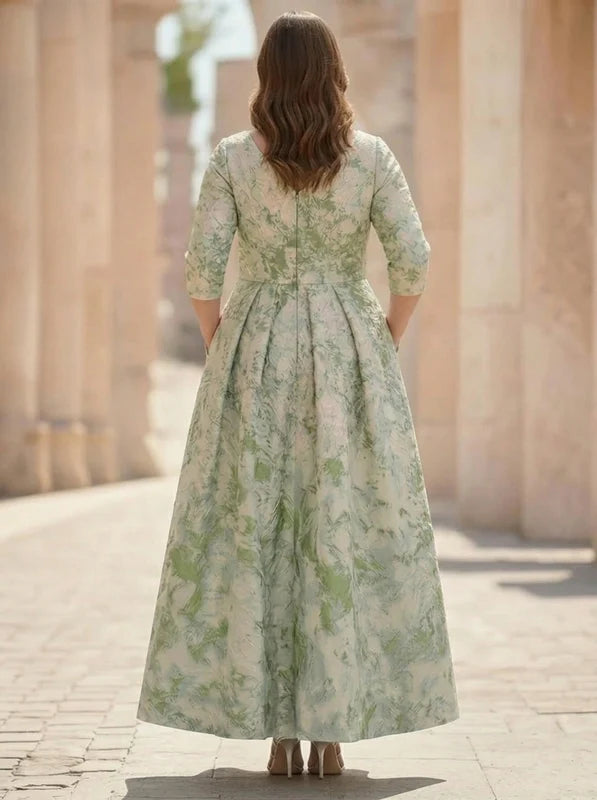 Robe Mère de la Mariée, Grande Taille, Ligne A/Princesse, Col en V, Manches 3/4, Longueur de la Cheville, Jacquard, Florale
