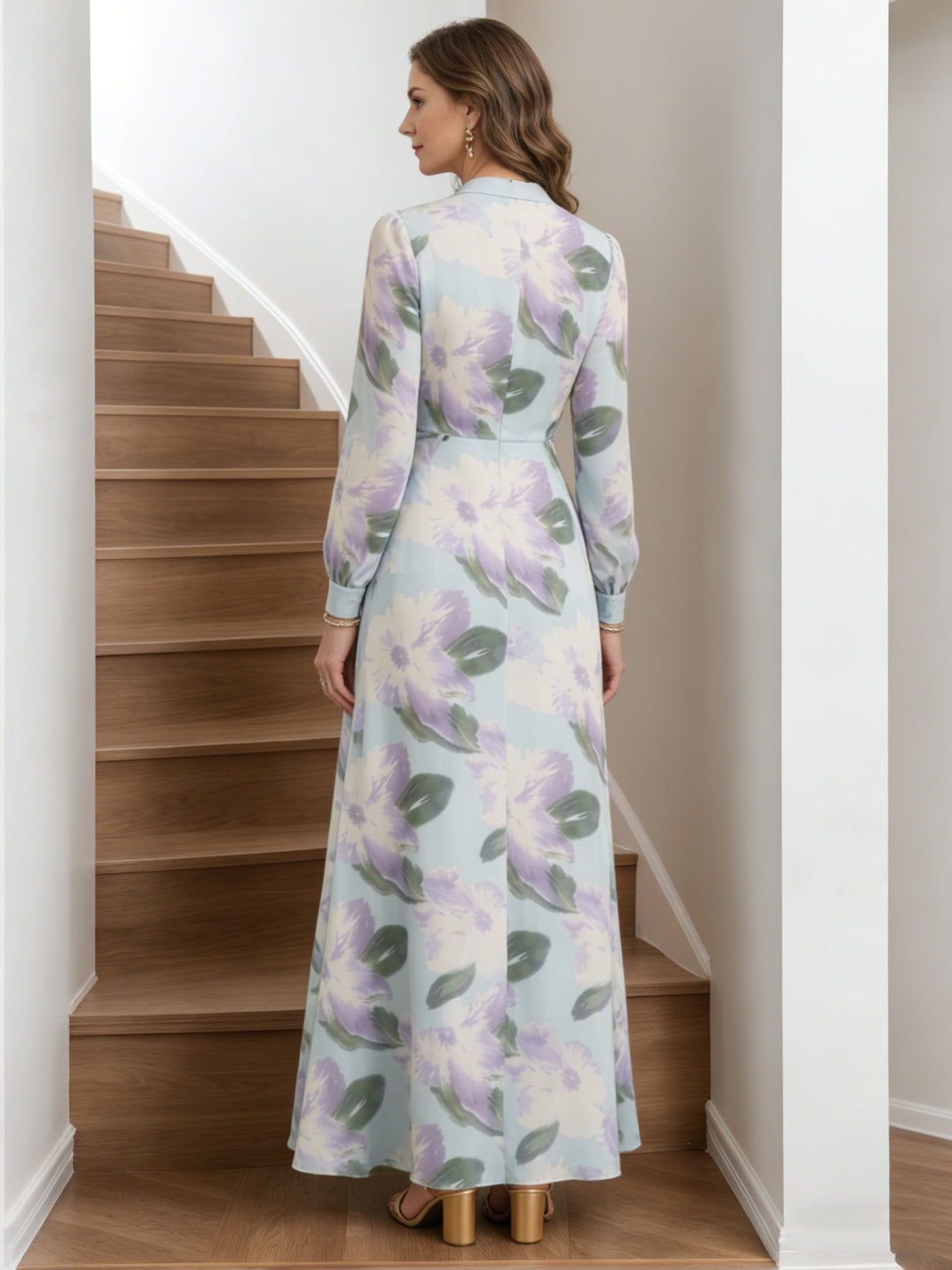 Robe ligne A/princesse, décolleté en V, mousseline, pour mère de la mariée, asymétrique, longueur cheville, manches longues, floral, volants