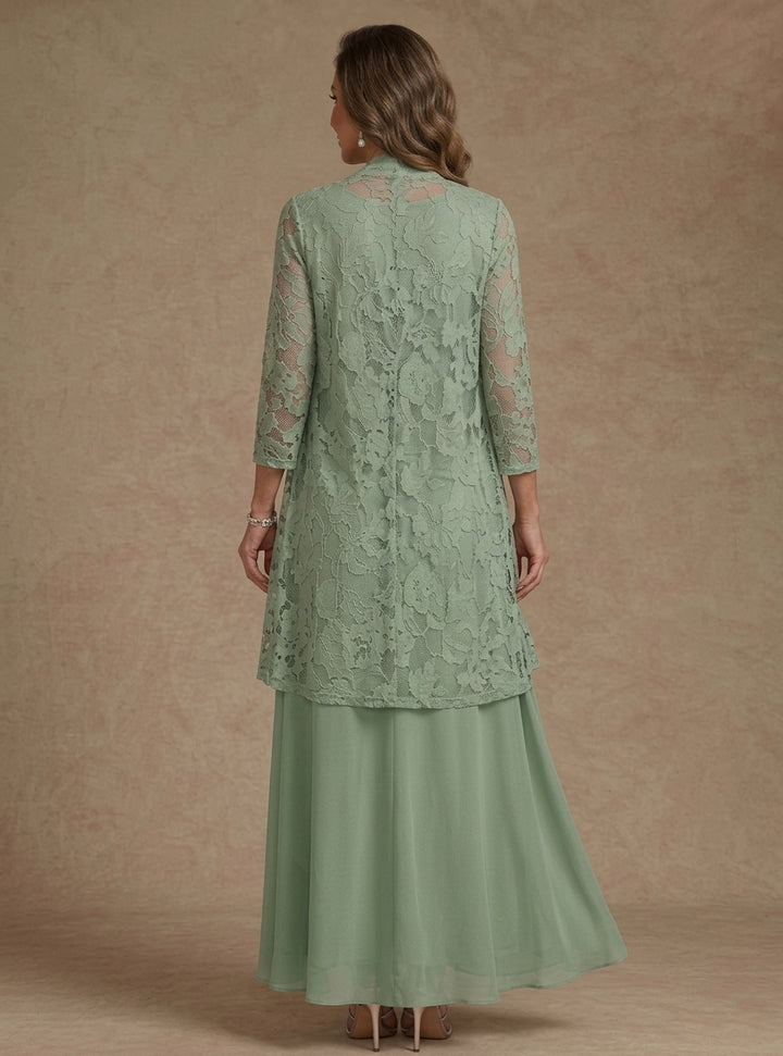 Ensemble 3 pièces, robe ligne A/princesse, décolleté en V, mousseline, pour mère de la mariée, avec veste, dentelle, longueur de la cheville, manches 3/4