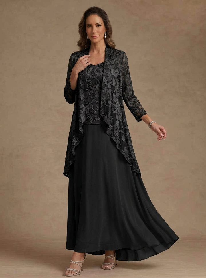 Ensemble 3 pièces, robe ligne A/princesse, décolleté en V, mousseline, pour mère de la mariée, avec veste, dentelle, longueur de la cheville, manches 3/4