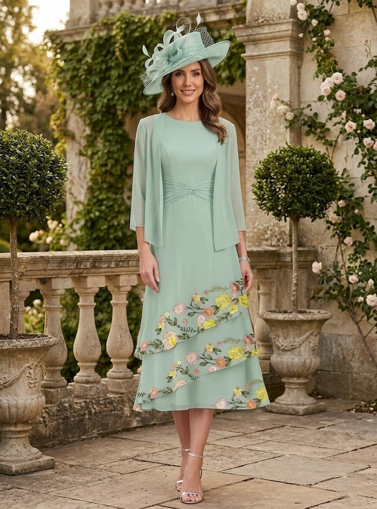 Ligne A/Princesse, Col Rond, pour mère de la mariée, longueur du Thé, Manches3/4, Floral