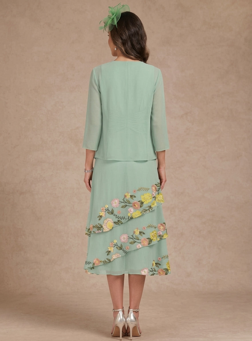 Ligne A/Princesse, Col Rond, pour mère de la mariée, longueur du Thé, Manches3/4, Floral