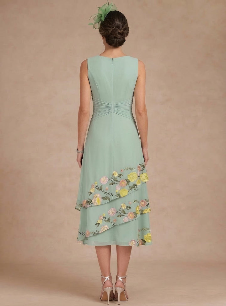 Ligne A/Princesse, Col Rond, pour mère de la mariée, longueur du Thé, Manches3/4, Floral