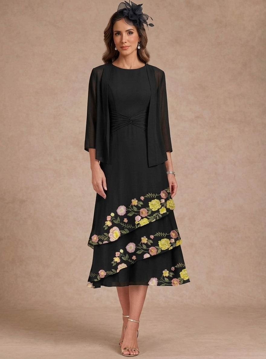 Ligne A/Princesse, Col Rond, pour mère de la mariée, longueur du Thé, Manches3/4, Floral