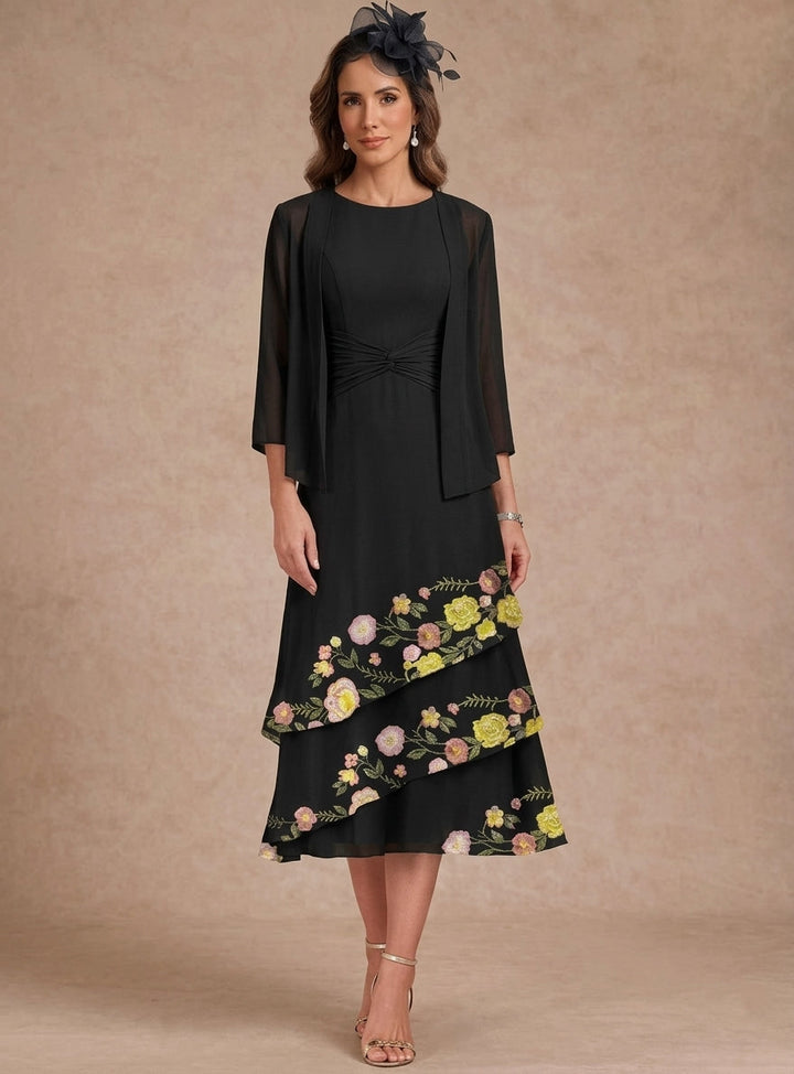 Ligne A/Princesse, Col Rond, pour mère de la mariée, longueur du Thé, Manches3/4, Floral