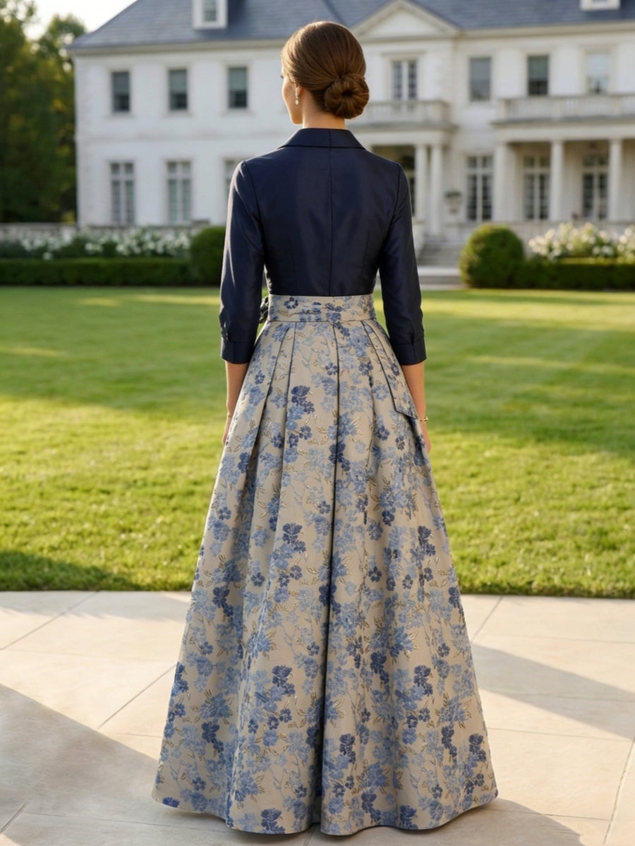 Robe mère de la mariée en jacquard, ligne A/princesse, col chemisier, nœud papillon, floral, manches 3/4, Longueur du Sol