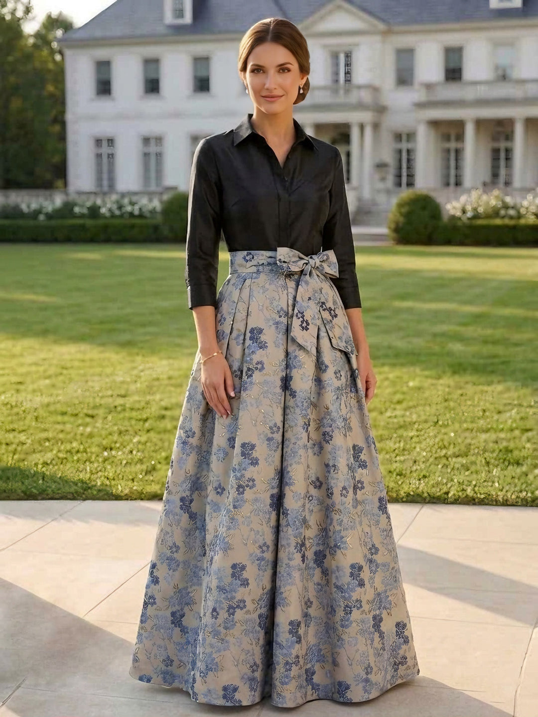 Robe mère de la mariée en jacquard, ligne A/princesse, col chemisier, nœud papillon, floral, manches 3/4, Longueur du Sol