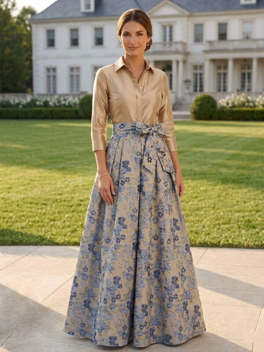 Robe mère de la mariée en jacquard, ligne A/princesse, col chemisier, nœud papillon, floral, manches 3/4, Longueur du Sol
