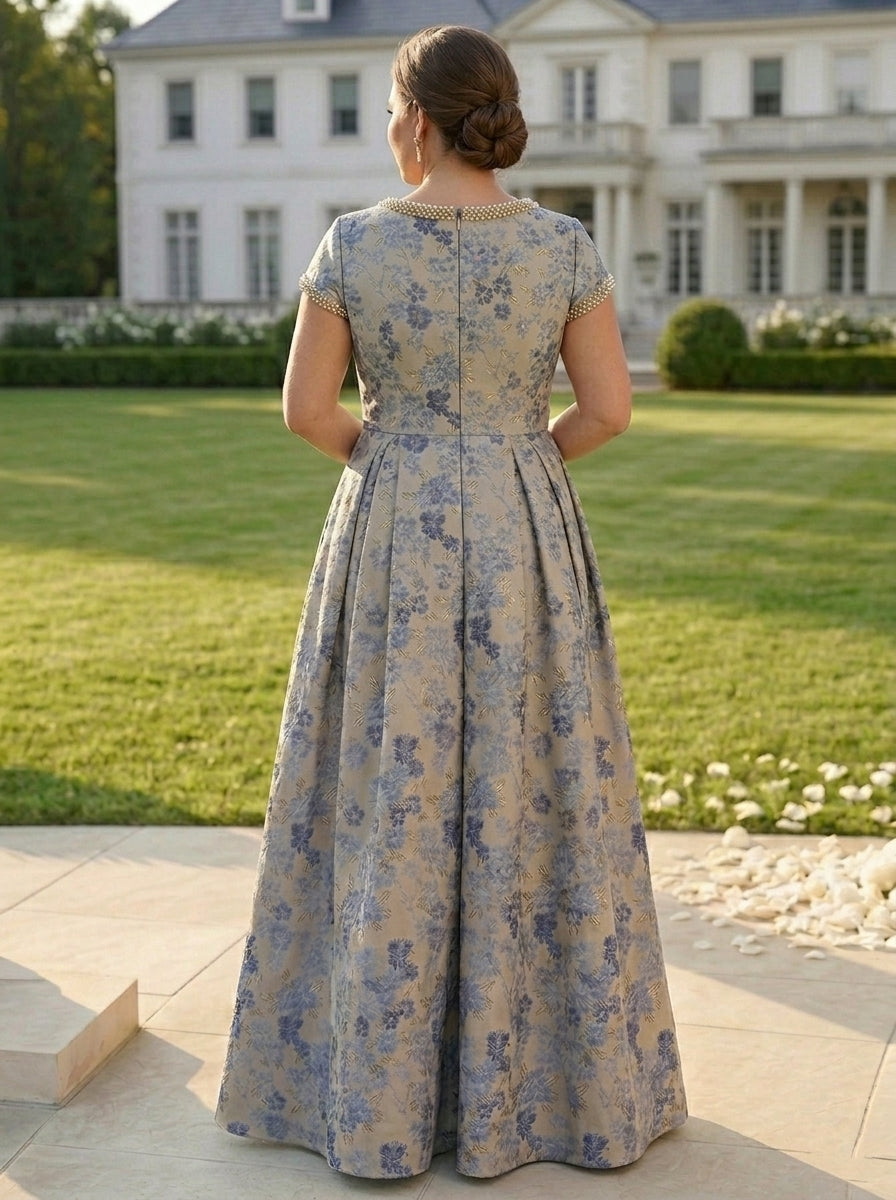 Robe mère de la mariée, Taille Plus, Ligne A/Princesse, Col Rond, Jacquard, Manches Courtes, Longueur au Sol, Perlage