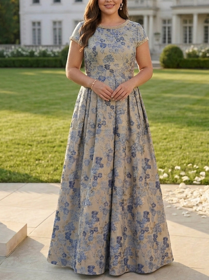 Robe mère de la mariée, Taille Plus, Ligne A/Princesse, Col Rond, Jacquard, Manches Courtes, Longueur au Sol, Perlage