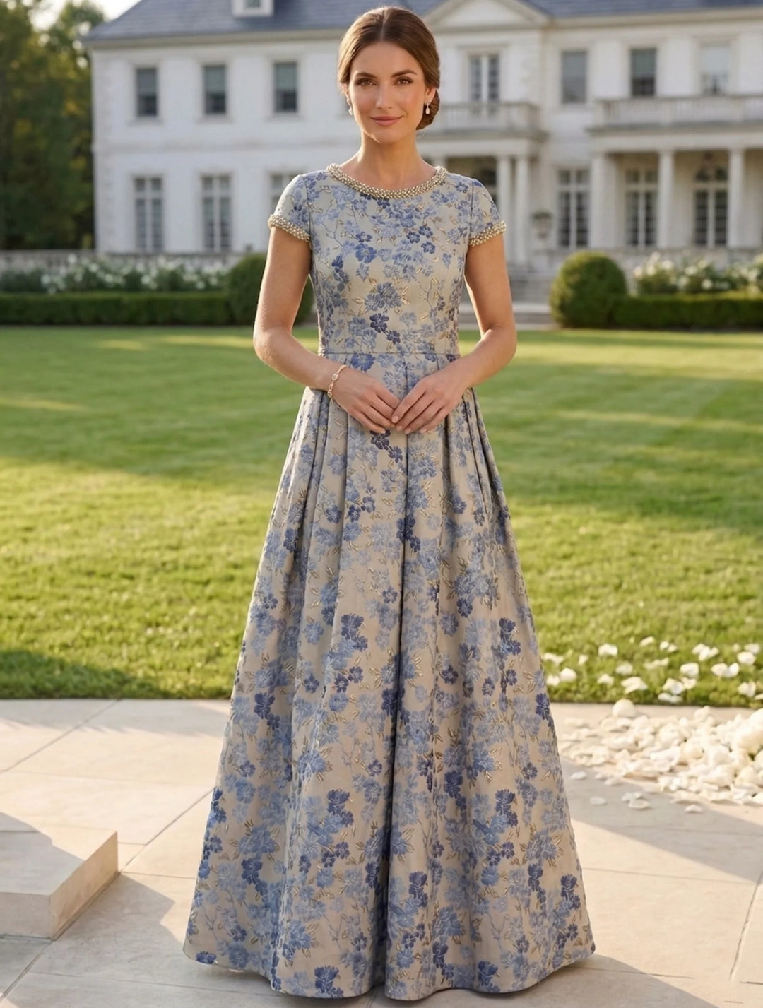 Robe mère de la mariée en jacquard, ligne A/princesse, col rond, floral, manches courtes, Longueur du Sol, perles