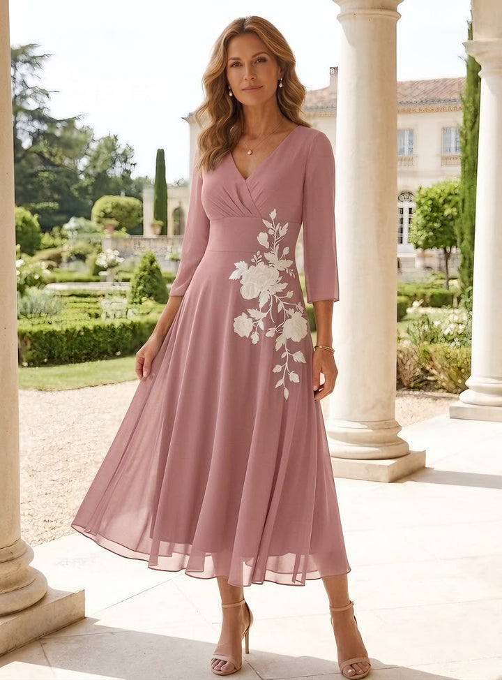 Robe mère de la mariée en mousseline, ligne A/princesse, col en V, Longueur de Thé, manches 3/4, dentelle florale