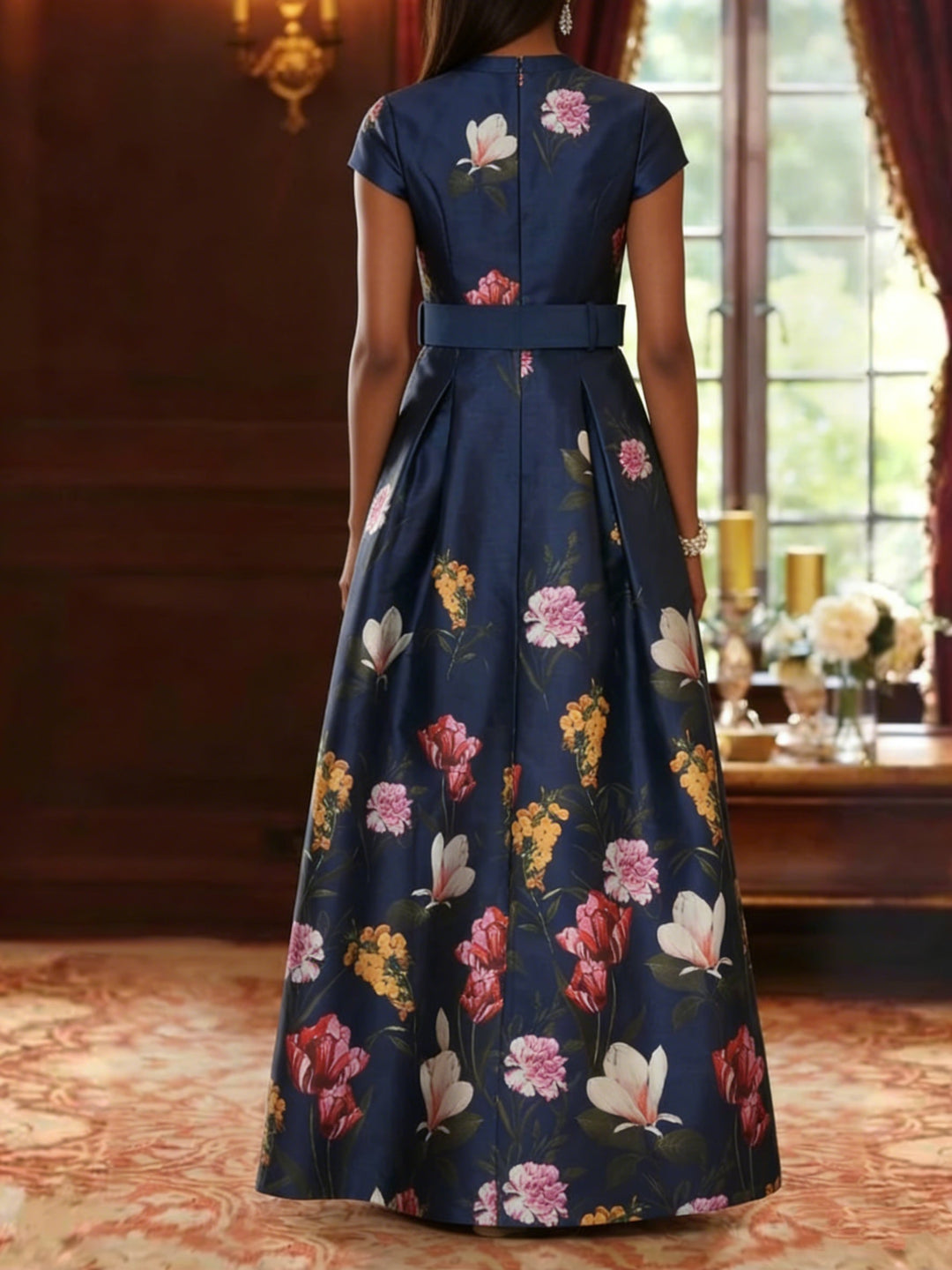 Robe ligne A/princesse, Col en V, pour mère de la mariée, longueur du sol, manches courtes