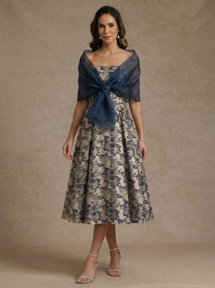 Ligne A/Princesse, Sans Bretelles, pour mère de la mariée, longueur du Thé,Sans manches, Floral