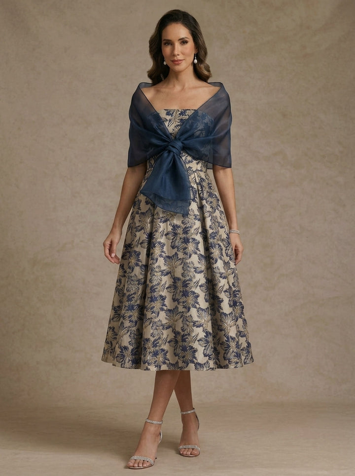 Ligne A/Princesse, Sans Bretelles, pour mère de la mariée, longueur du Thé,Sans manches, Floral