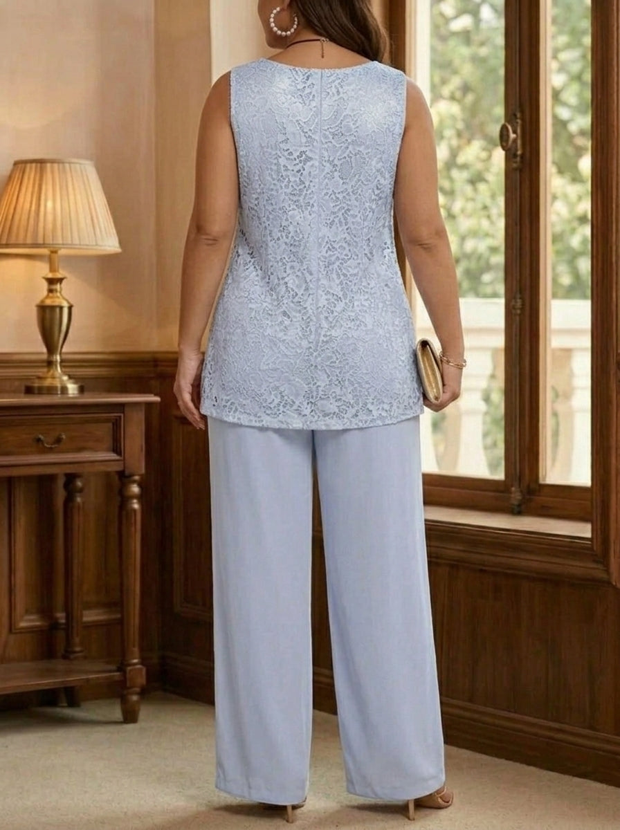 Robe Mère de la Mariée, Ensemble Pantalon, 3 Pièces, Col Rond, Manches 3/4, Longueur de la Cheville, Mousseline