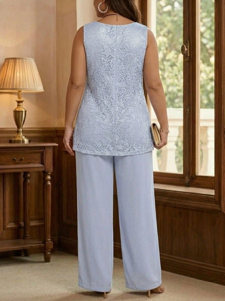 Robe Mère de la Mariée, Ensemble Pantalon, 3 Pièces, Col Rond, Manches 3/4, Longueur de la Cheville, Mousseline