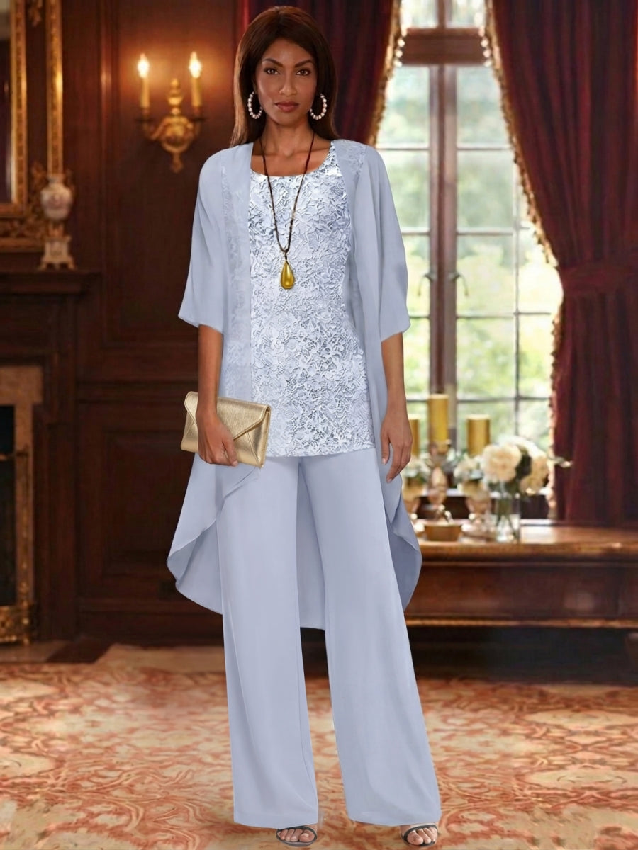 Ensemble 3 pièces en mousseline pour mère de la mariée, pantalon avec veste, col rond, manches 3/4, Longueur de La Cheville, dentelle