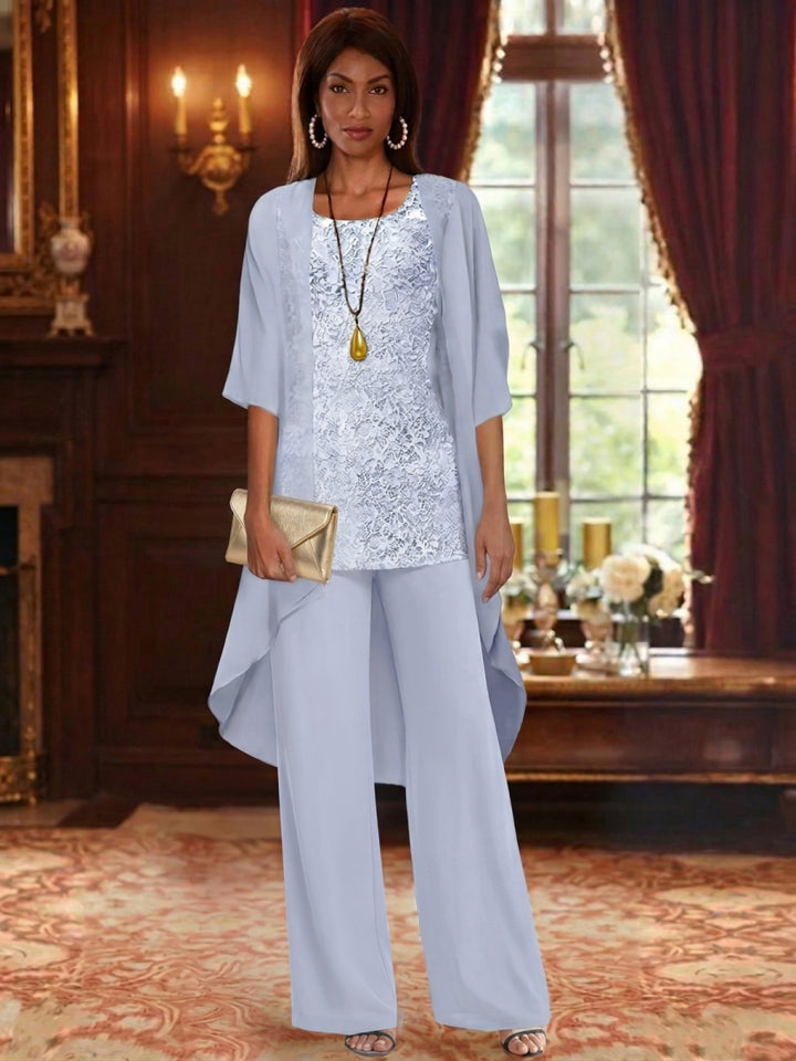 Ensemble 3 pièces en mousseline pour mère de la mariée, pantalon avec veste, col rond, manches 3/4, Longueur de La Cheville, dentelle