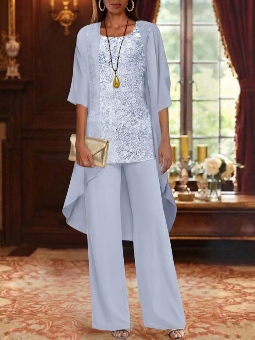 Ensemble 3 pièces en mousseline pour mère de la mariée, pantalon avec veste, col rond, manches 3/4, Longueur de La Cheville, dentelle