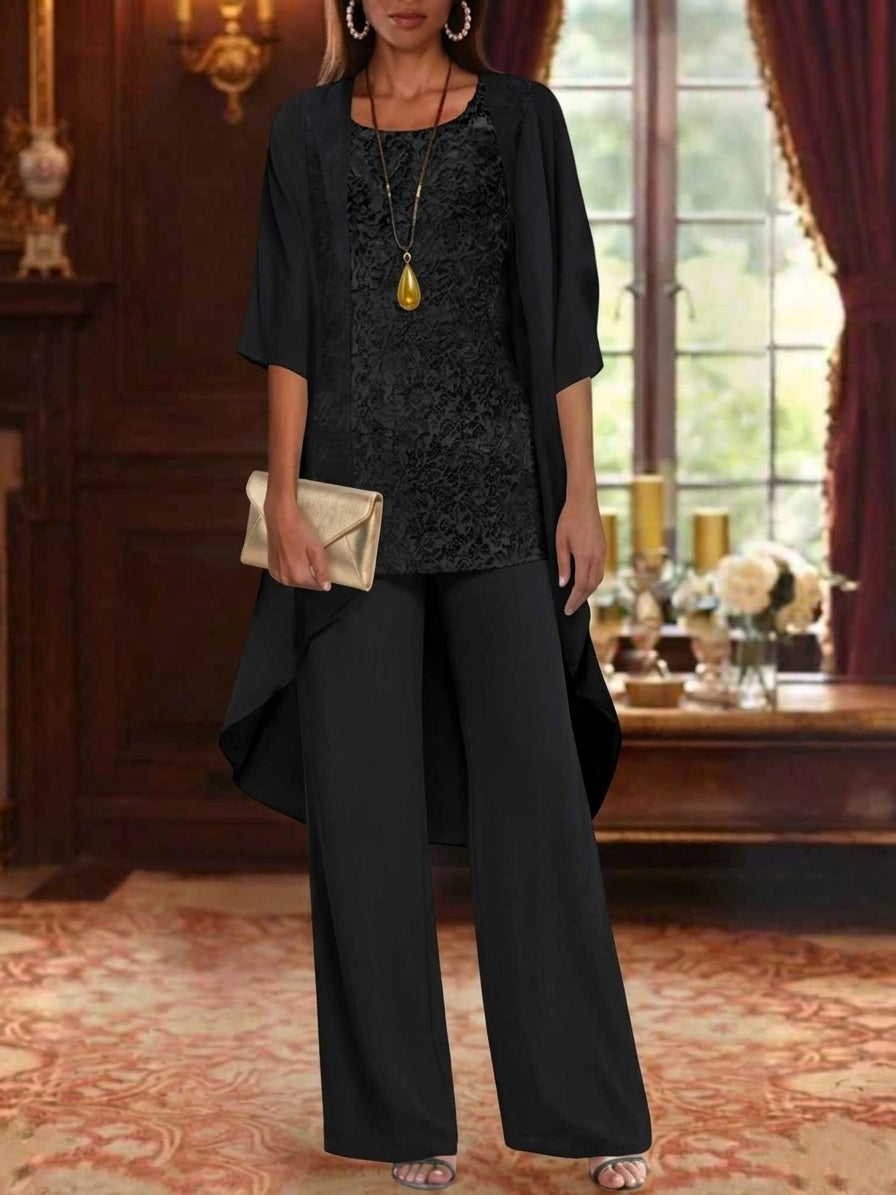 Ensemble 3 pièces en mousseline pour mère de la mariée, pantalon avec veste, col rond, manches 3/4, Longueur de La Cheville, dentelle