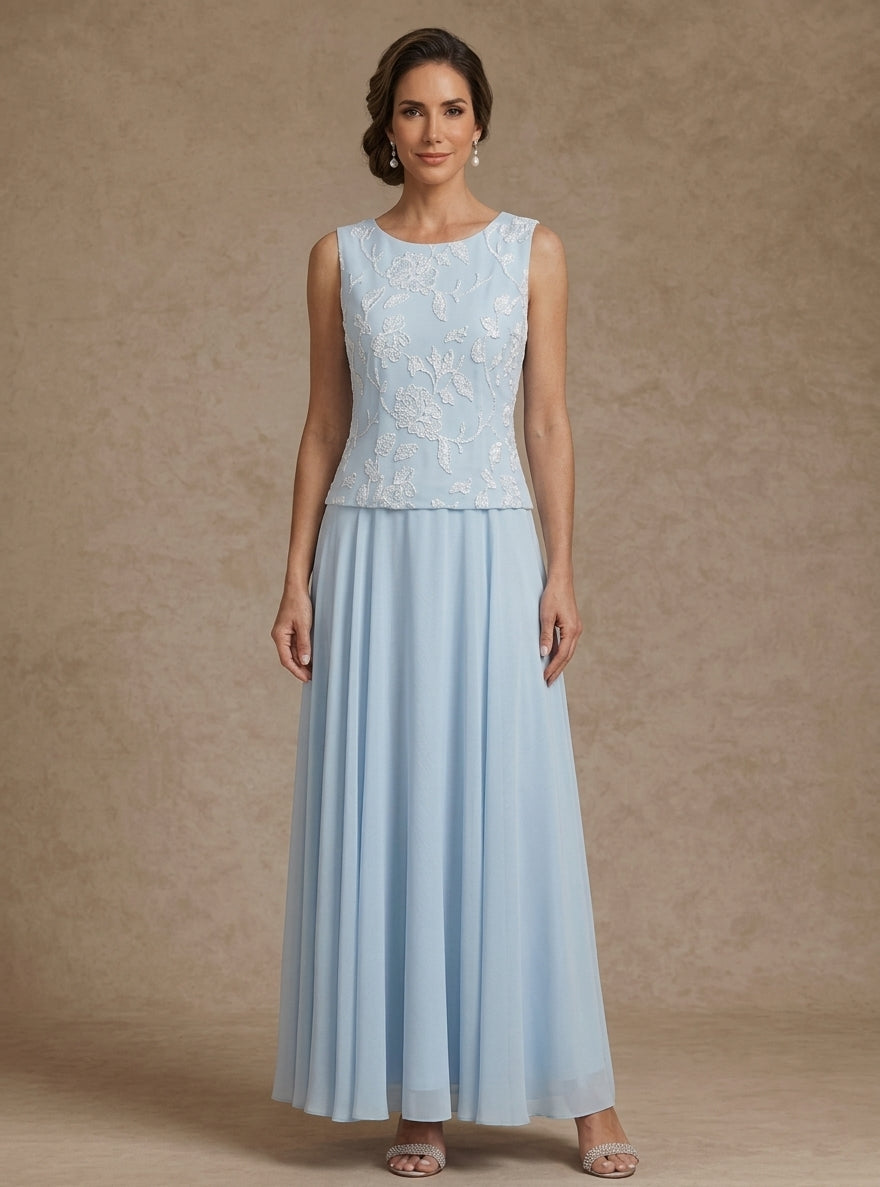 Ensemble 3 pièces en mousseline pour mère de la mariée, ligne A/princesse, col rond, avec veste, dentelle florale, Longueur de La Cheville, manches longues